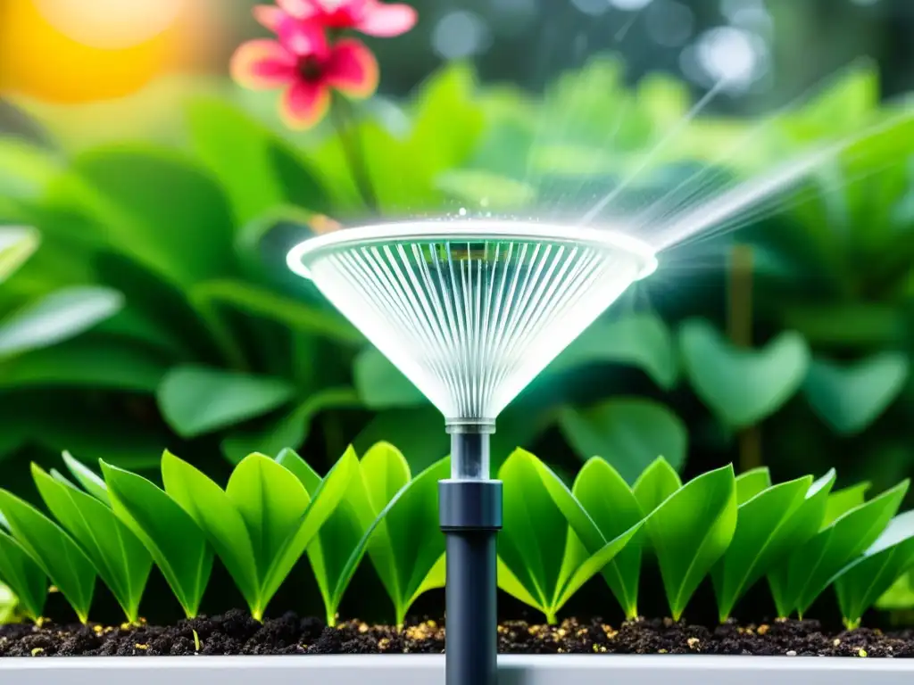 Soluciones tecnológicas para riego inteligente en un jardín exuberante con moderno sistema de irrigación, tecnología de vanguardia y armonía natural