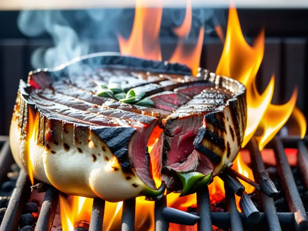 Un suculento filete a la parrilla de carbón, con humo y llamas, capturando la esencia de las barbacoas de carbón vs eléctricas