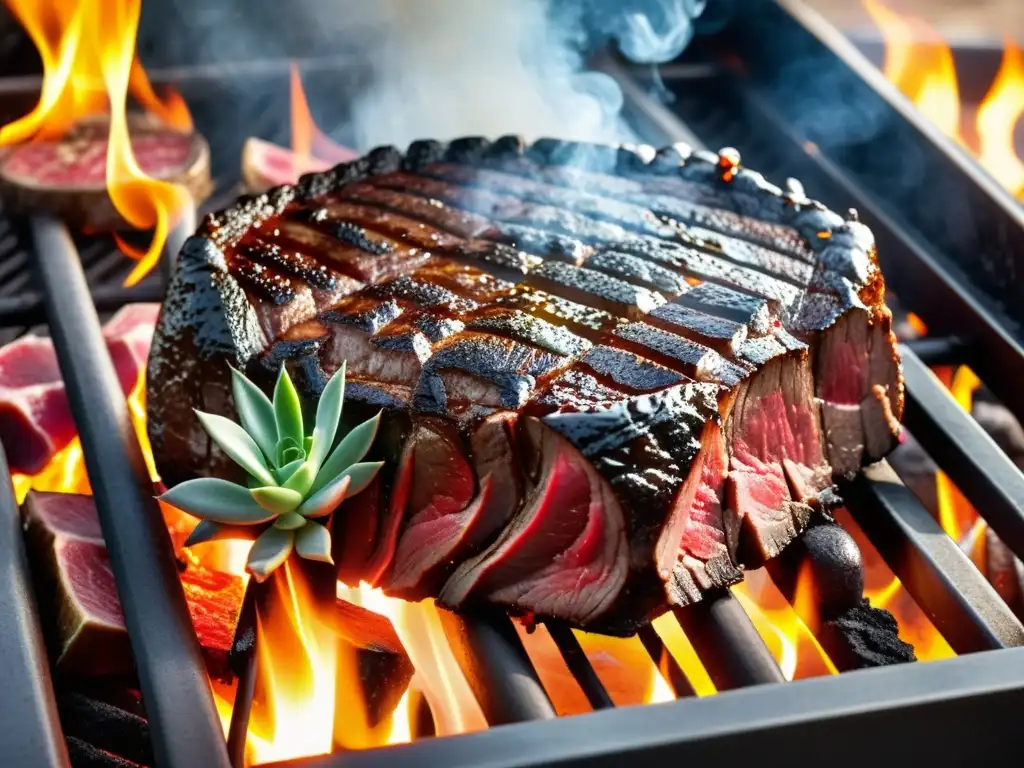 Suculento filete a la parrilla con grill marks, humeante sobre carbón, capturando la esencia de las barbacoas de carbón vs eléctricas