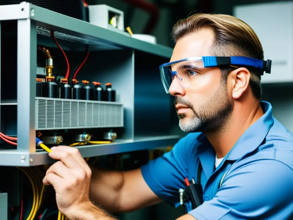 Un técnico HVAC inspecciona con cuidado las piezas internas de un aire acondicionado para eliminar ruidos extraños