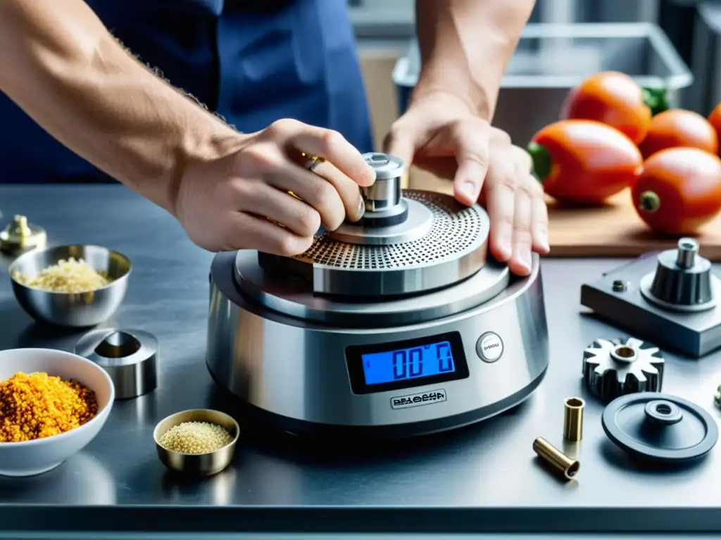 Un técnico desarma con cuidado un procesador de alimentos, destacando la precisión al reparar el mecanismo de bloqueo