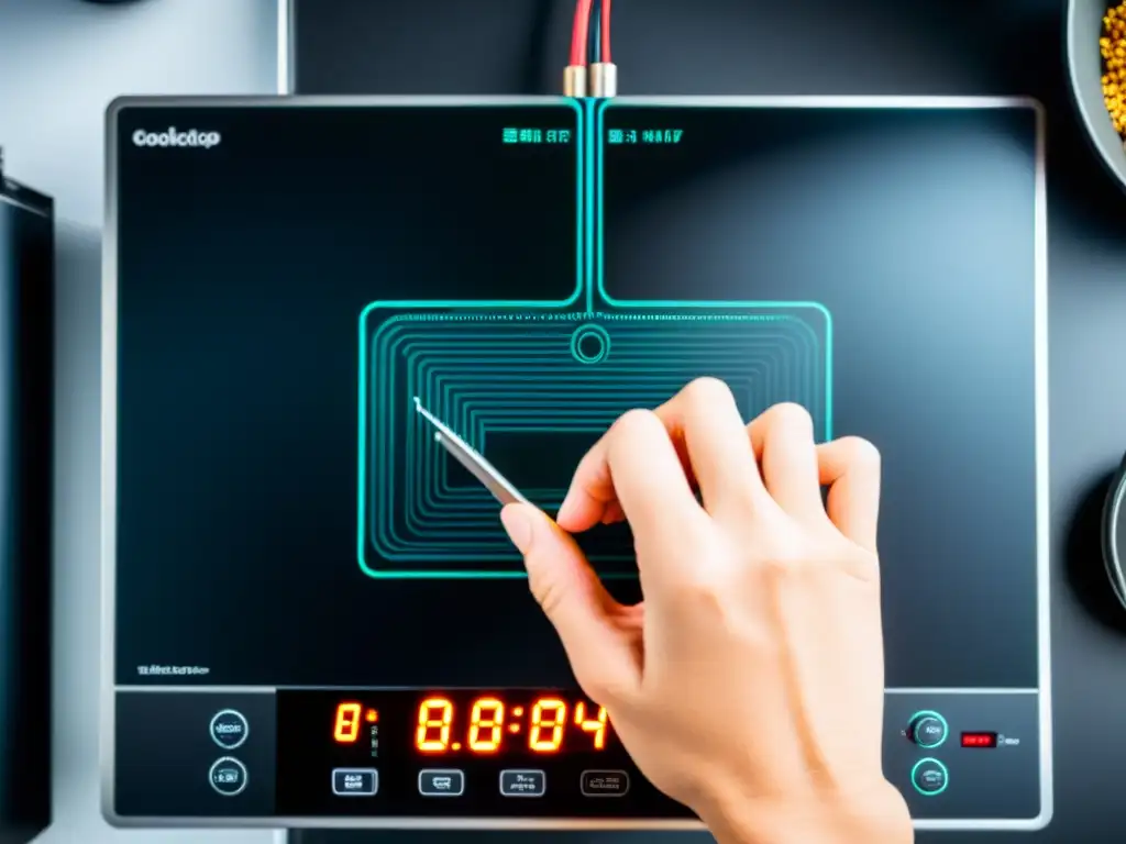 Un técnico repara con destreza la pantalla de una cocina de inducción, destacando la precisión y la tecnología avanzada