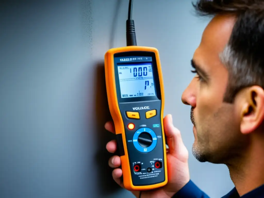 Un técnico usando un detector de metales y voltaje para escanear una pared, demostrando precisión y profesionalismo en el uso de herramientas