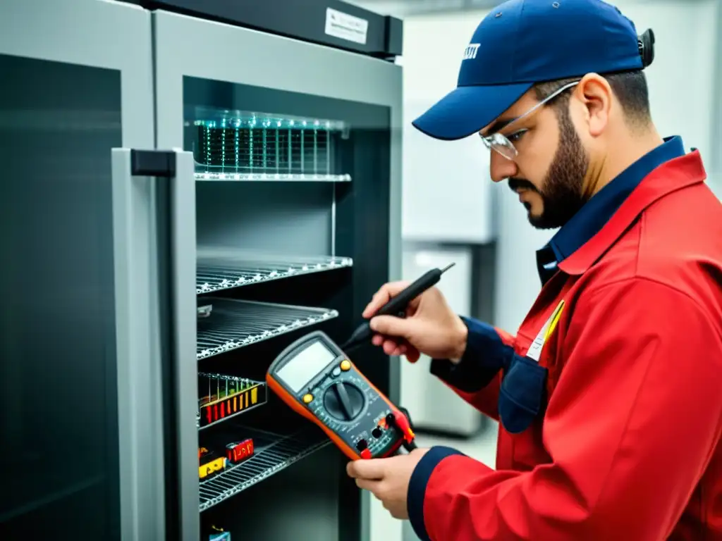 Un técnico experto usando un multímetro digital para diagnosticar componentes eléctricos de un refrigerador