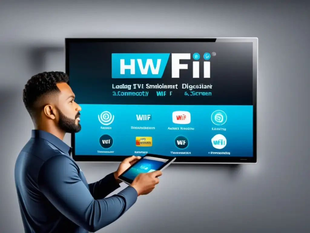 Un técnico experto solucionando problemas de conexión WiFi en Smart TV con herramientas avanzadas