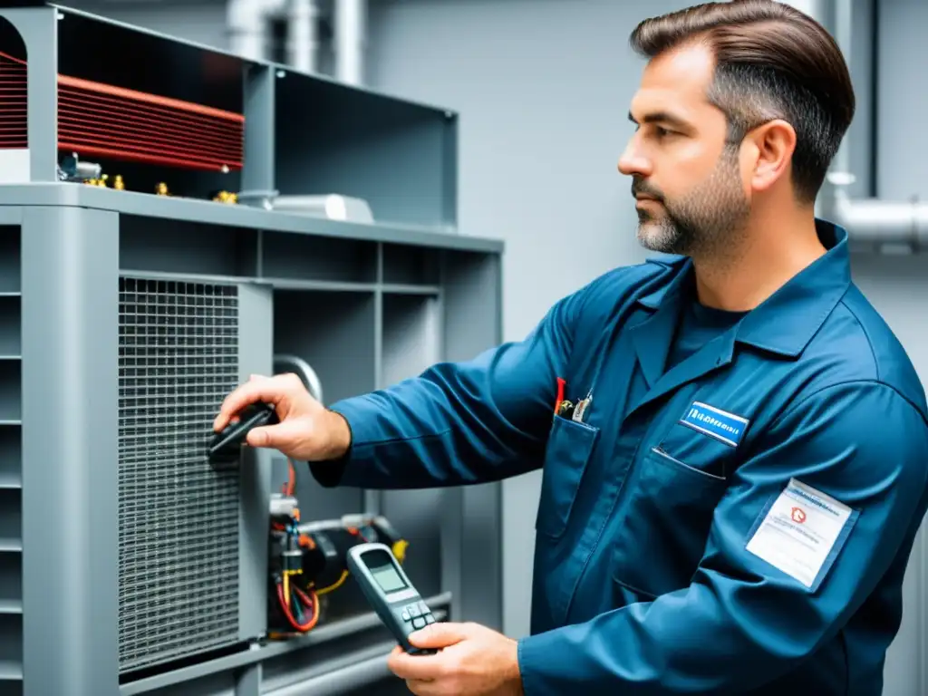 Un técnico de HVAC moderno inspecciona y mantiene un sistema de aire acondicionado de vanguardia en una sala mecánica espaciosa y bien iluminada