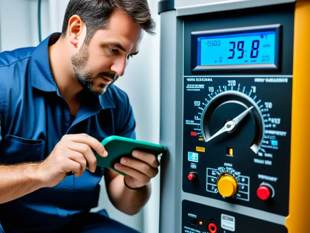 Un técnico usando un multímetro digital para diagnosticar un calentador de agua