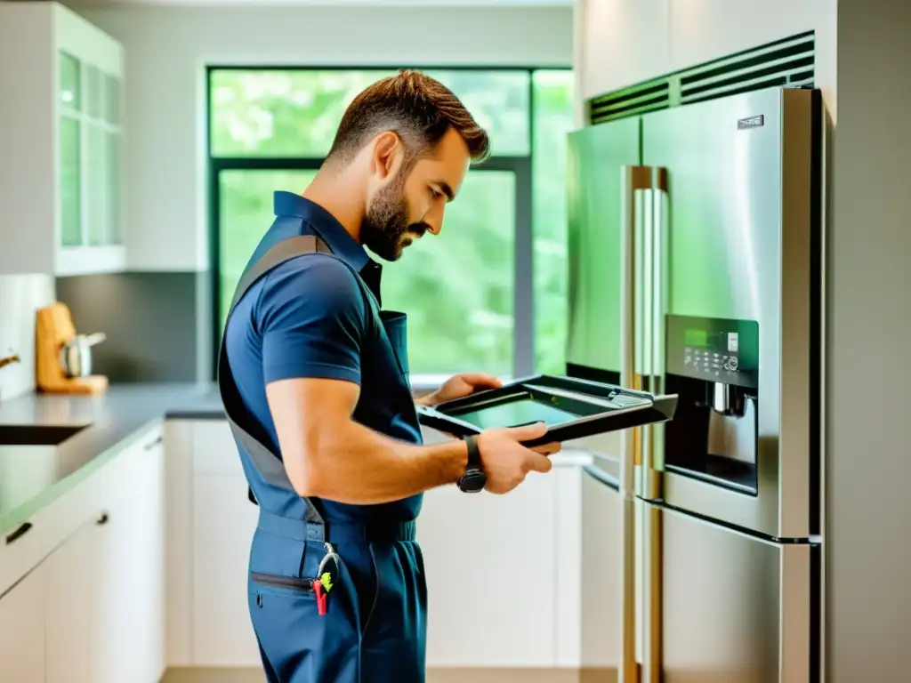 Un técnico profesional inspecciona electrodomésticos en una cocina moderna, resaltando la importancia del mantenimiento para prolongar su vida útil