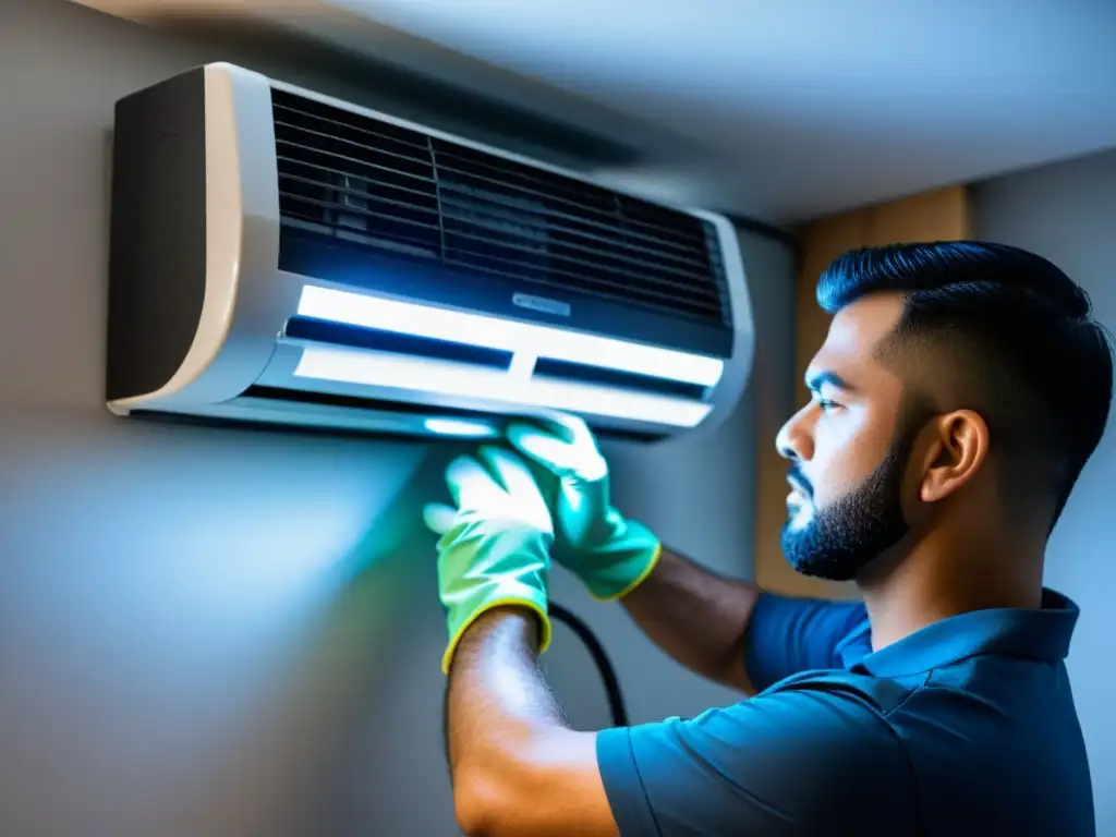 Un técnico profesional limpia con precisión los filtros de aire acondicionado, mostrando su destreza y la tecnología avanzada