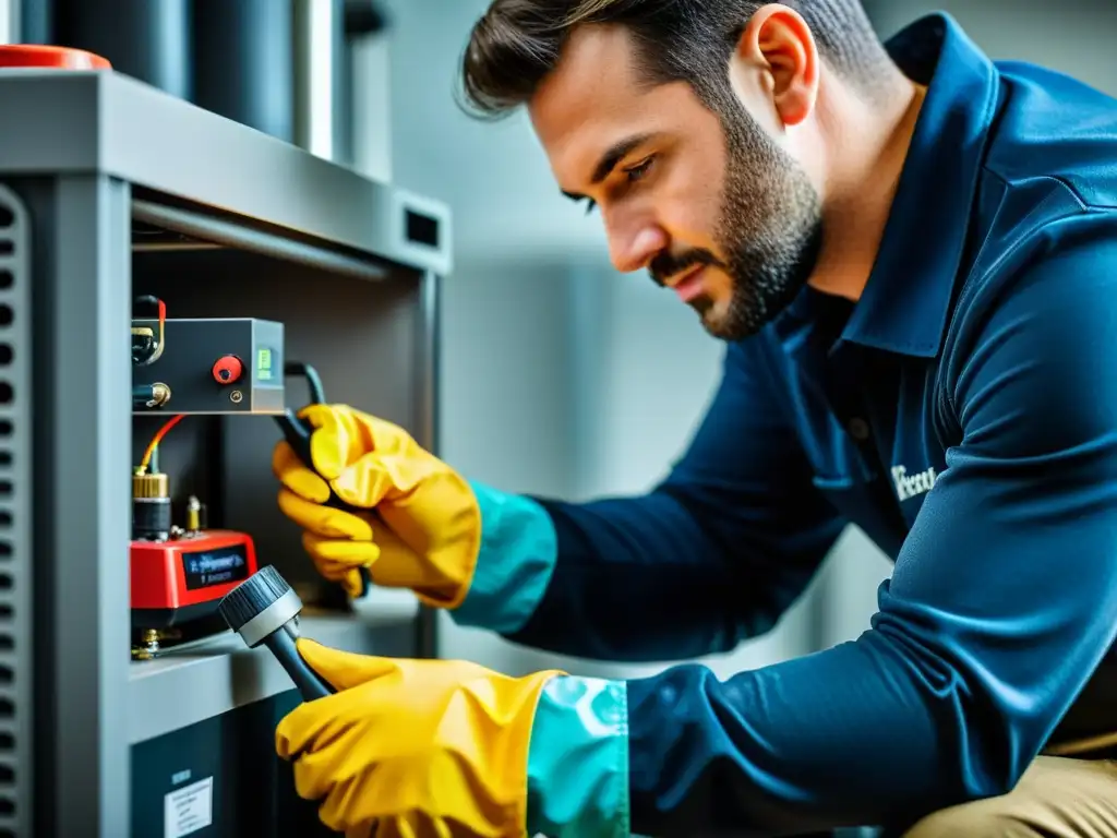 Un técnico profesional limpia con precisión el sistema de calefacción, transmitiendo confianza y competencia en el mantenimiento preventivo