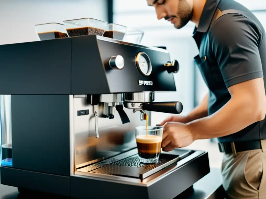 'Un técnico profesional realiza el mantenimiento detallado de una moderna máquina de café expreso, mostrando la importancia del cuidado especializado