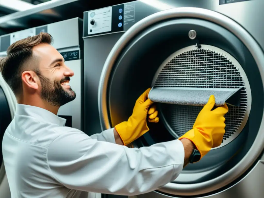 Un técnico profesional realiza mantenimiento en una secadora, inspeccionando el filtro de pelusa y el conducto de escape para prevenir incendios