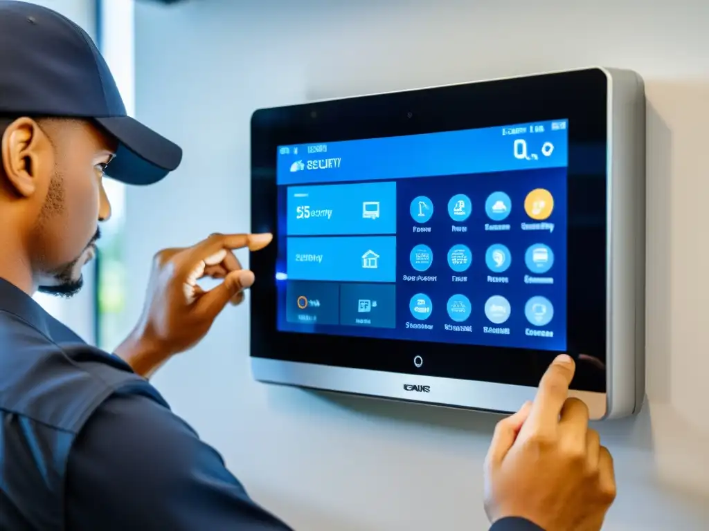 Un técnico profesional realiza el mantenimiento del sistema de seguridad del hogar, ajustando la configuración en un panel moderno y elegante