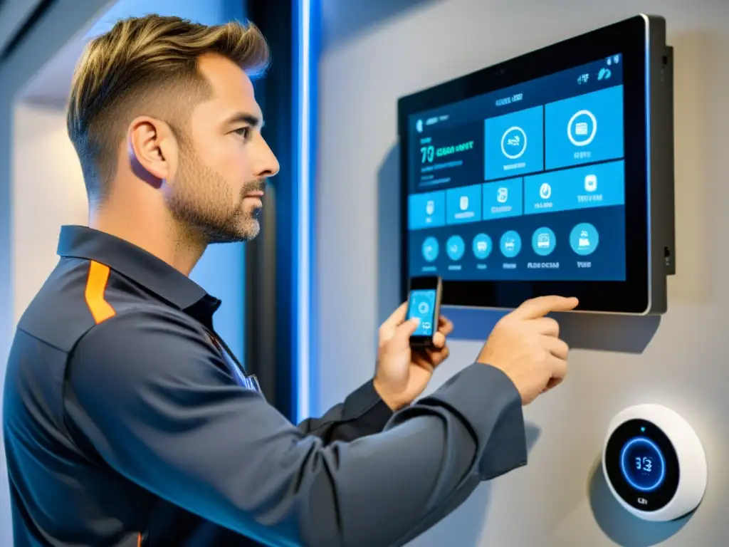 Un técnico profesional instala con precisión un sistema de automatización para el hogar, rodeado de herramientas modernas en un entorno contemporáneo
