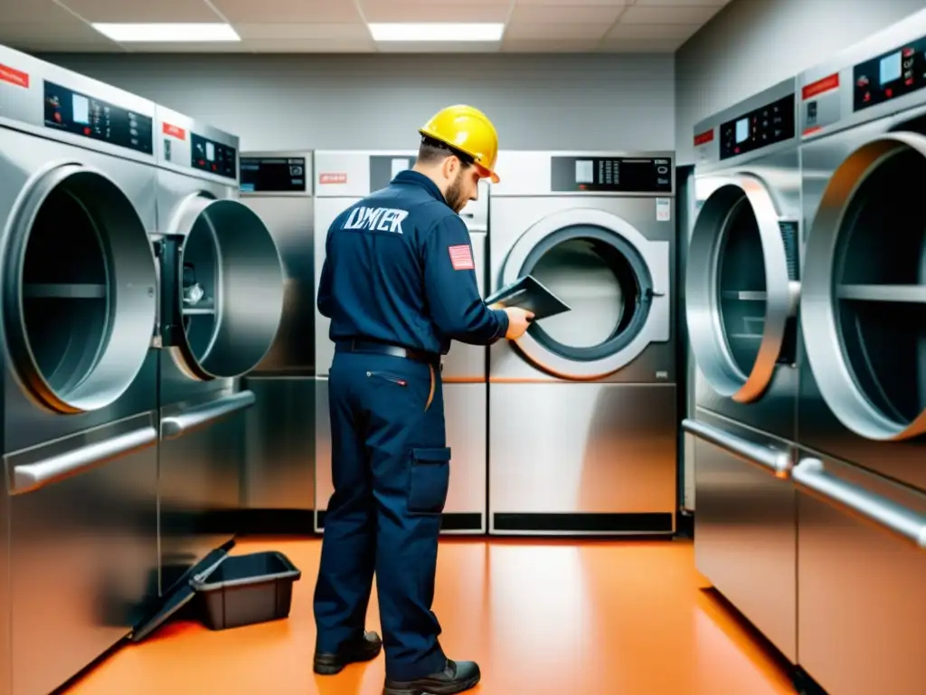 Un técnico profesional inspecciona la ventilación de la secadora, garantizando la prevención de incendios