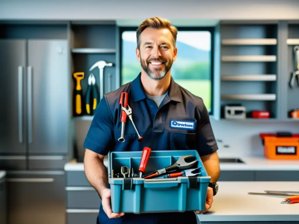 Un técnico de reparación de electrodomésticos esenciales sonriente y confiable sostiene una caja de herramientas en una cocina moderna y bien iluminada, con varias electrodomésticos de fondo