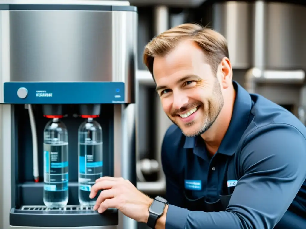 Un técnico sonriente inspecciona con cuidado las conexiones de agua en una máquina de hielo, previniendo pérdidas