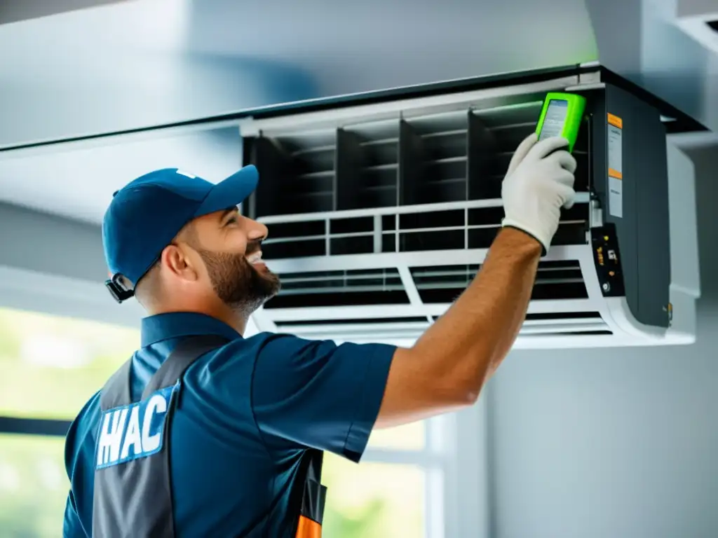 Un técnico de HVAC sonriente realiza la limpieza de filtros de aire acondicionado, rodeado de equipo moderno y luz natural brillante