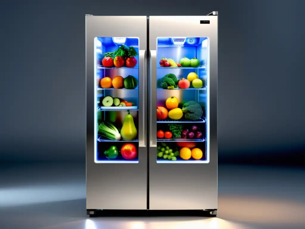 Tecnología de ionización en refrigeración: refrigerador moderno con frutas y verduras organizadas en estantes, iluminado con LED