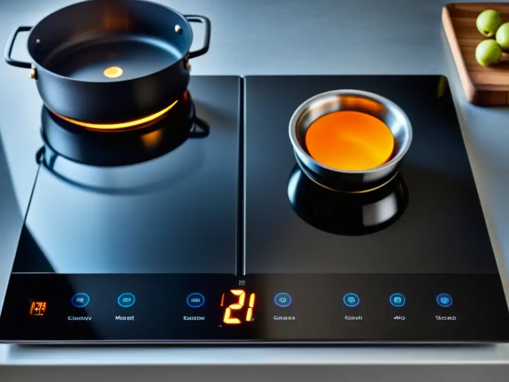 Dos tecnologías de cocina lado a lado: una moderna cocina de inducción con controles táctiles y una tradicional cocina de gas con llamas visibles