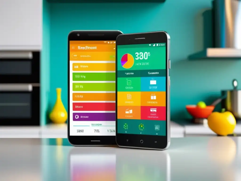Teléfono inteligente muestra app de gestión energética con gráficos vibrantes