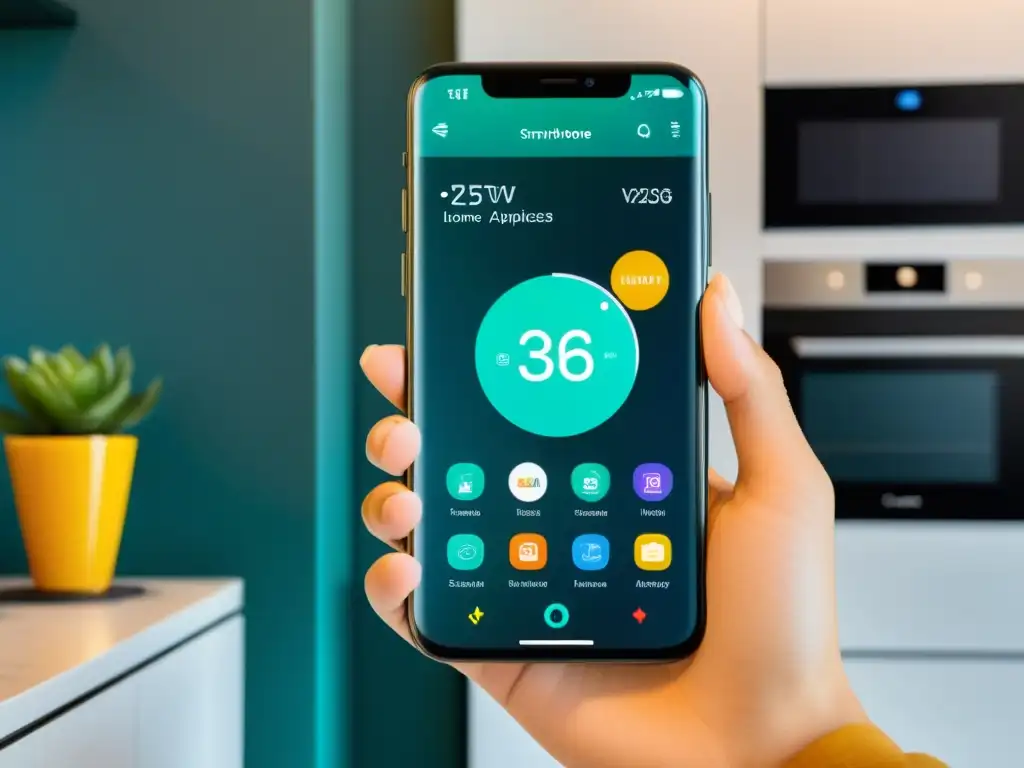 Teléfono inteligente controlando electrodomésticos en una casa con Apps para gestionar electrodomésticos inteligentes