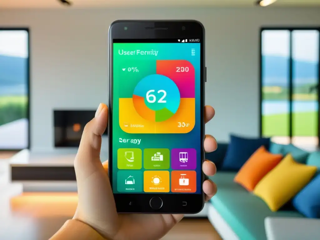 Teléfono inteligente moderno con app de gestión energética colorida