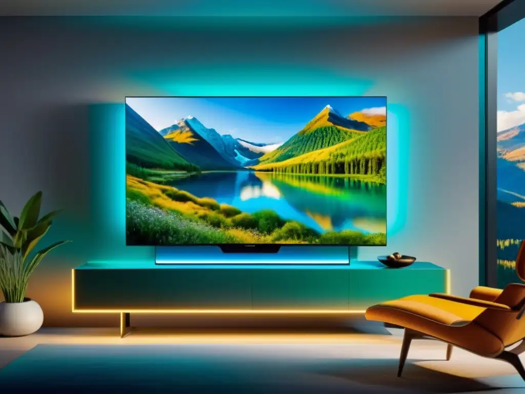 Televisor OLED 8K montado en la pared, muestra escena natural vibrante con detalles y colores vívidos, en sala de lujo