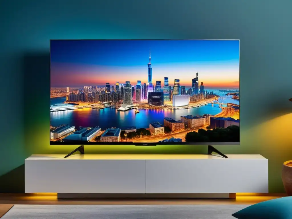 Un televisor OLED ultradelgado muestra una deslumbrante imagen 8K de una ciudad nocturna, destacando avances tecnológicos en televisores