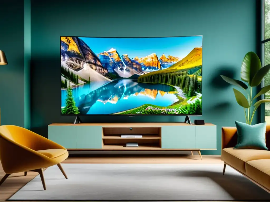 Televisores de lujo para sala: Pantalla 8k ultraHD en elegante salón con naturaleza vibrante y ambiente sofisticado