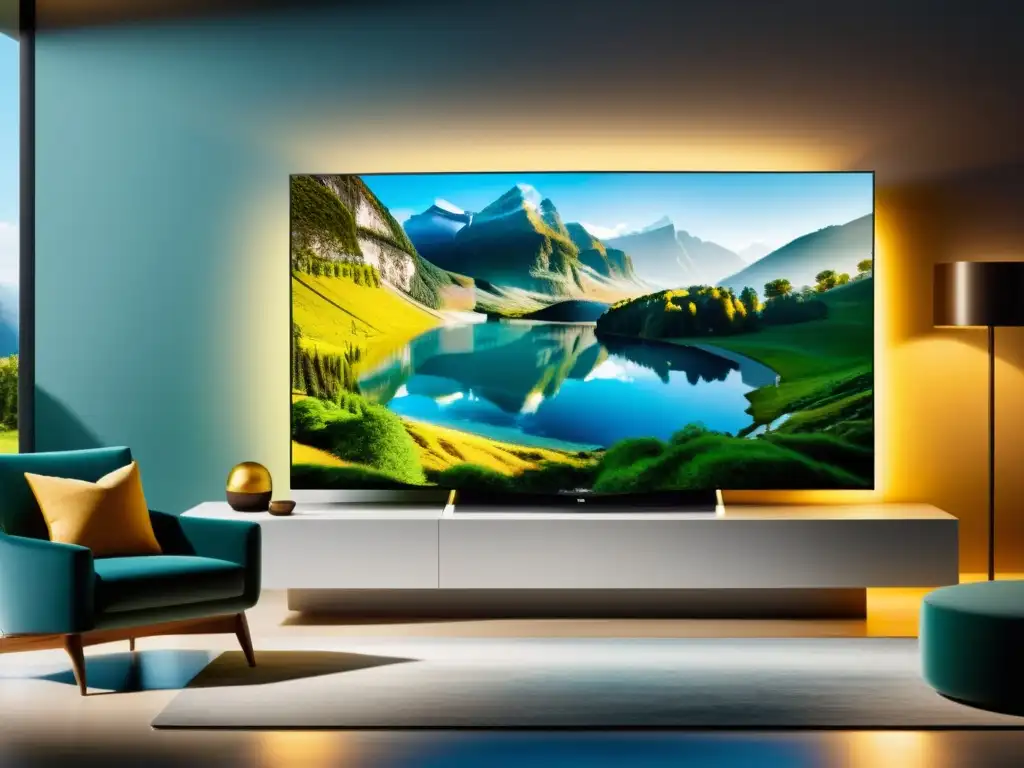 Televisores de lujo para sala: una televisión 8K ultra HD montada en una elegante sala con iluminación ambiental y una escena natural deslumbrante en la pantalla, creando una experiencia visual realista y lujosa