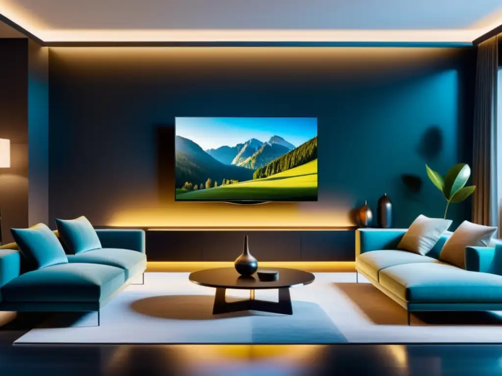 Comparación de televisores OLED vs QLED en una elegante sala de estar moderna con una iluminación cálida y muebles contemporáneos