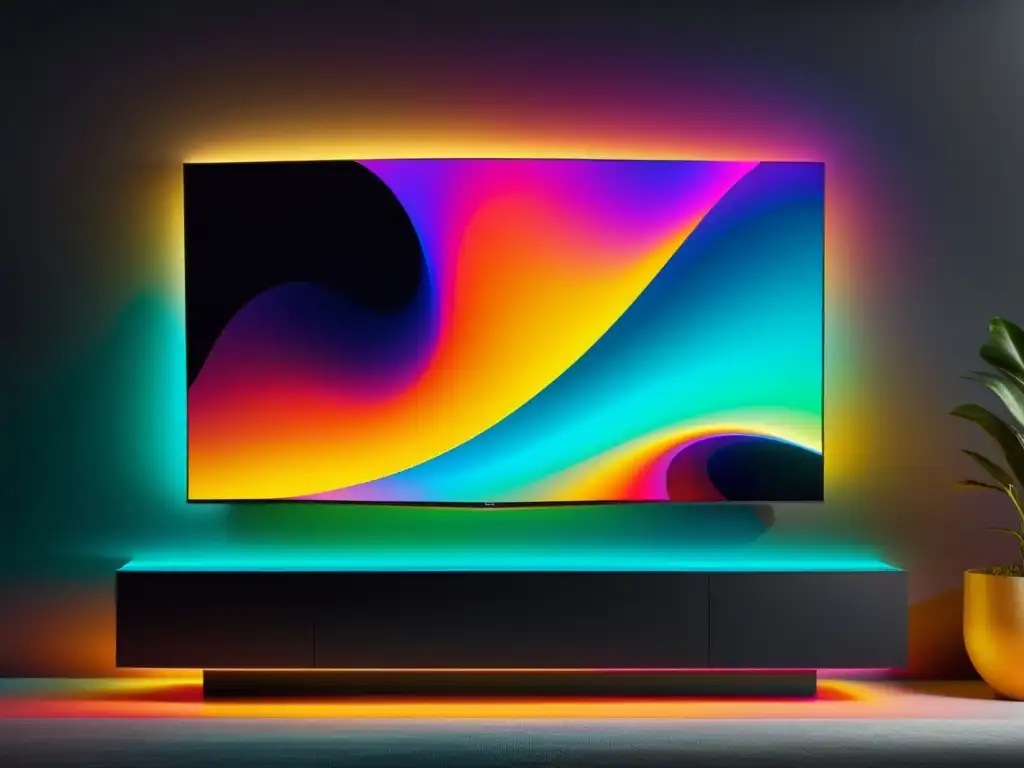 Televisores OLED vs QLED: Imagen impactante de un televisor OLED ultradelgado en una sala moderna, con colores vívidos y negros profundos