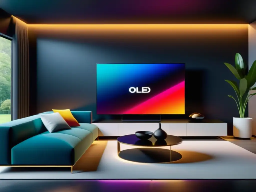 Televisores OLED vs QLED: Sala de estar moderna con TV OLED 8K montada en la pared, colores vibrantes y ambiente elegante