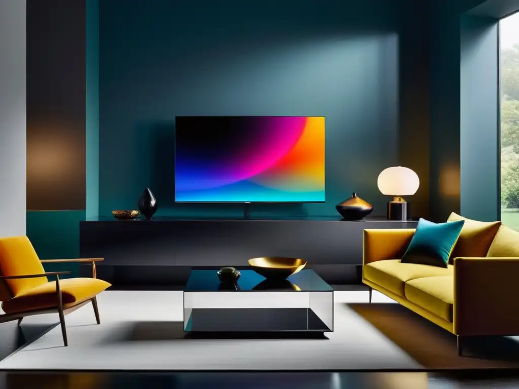 Televisores OLED vs QLED en sala moderna con iluminación ambiental