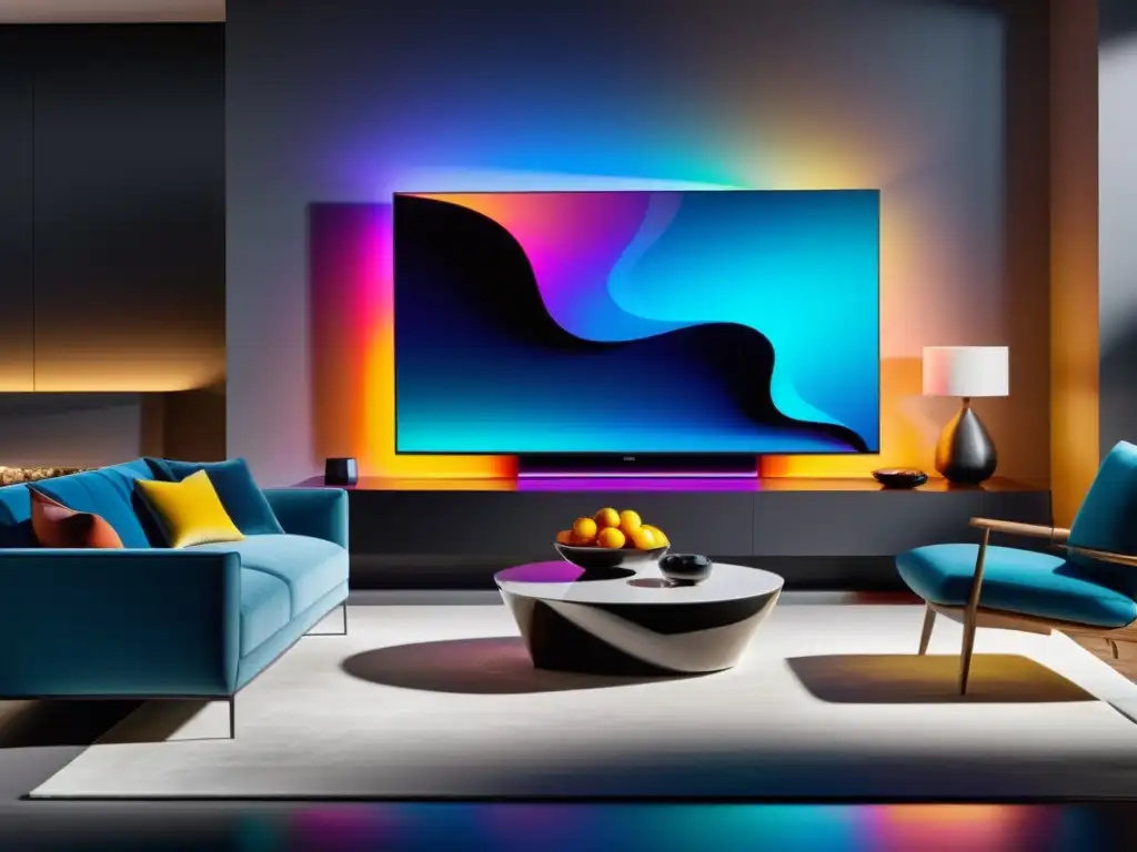 Comparación de Televisores OLED vs QLED en sala de estar moderna con ambiente lujoso y acogedor