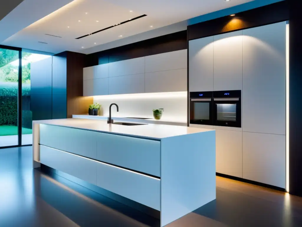 Tendencia electrodomésticos invisibles: Cocina ultramoderna con electrodomésticos ocultos y elegante iluminación ambiental