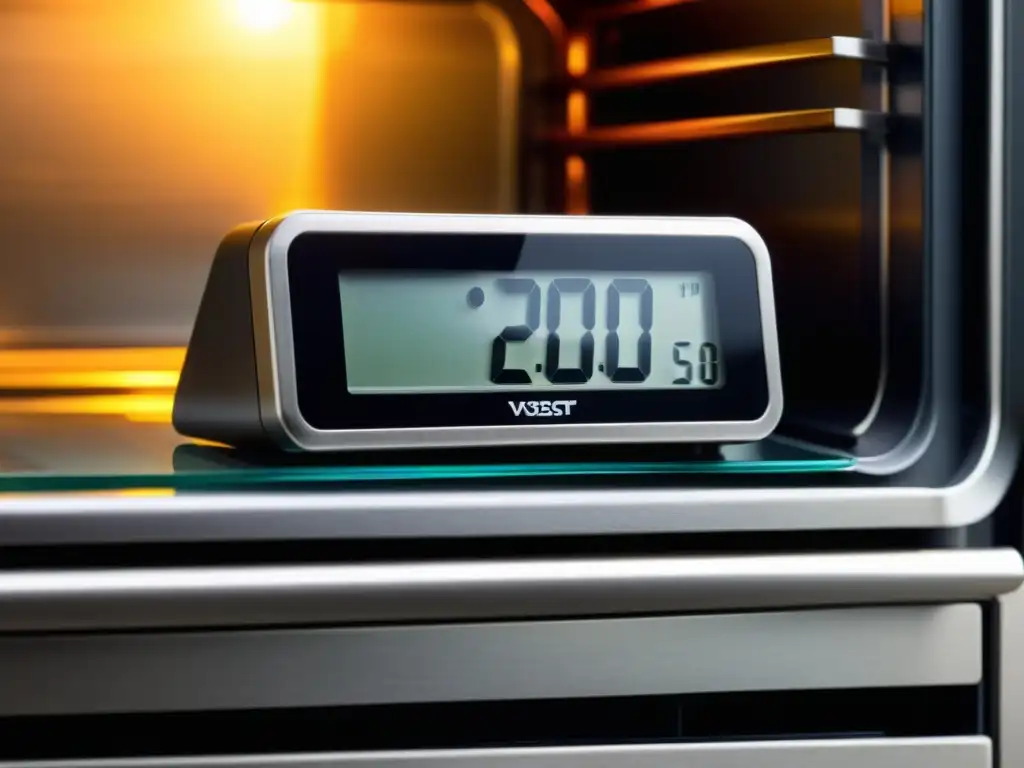 Un termómetro digital muestra la temperatura deseada en un horno precalentado con diseño moderno de acero inoxidable y calor uniforme