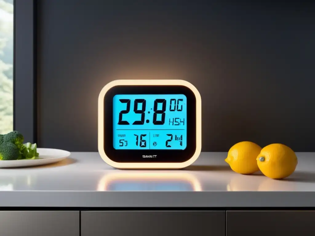 Termómetros y sensores inteligentes hogar: Cocina moderna con pantalla digital integrada en el ambiente, iluminación suave y diseño futurista