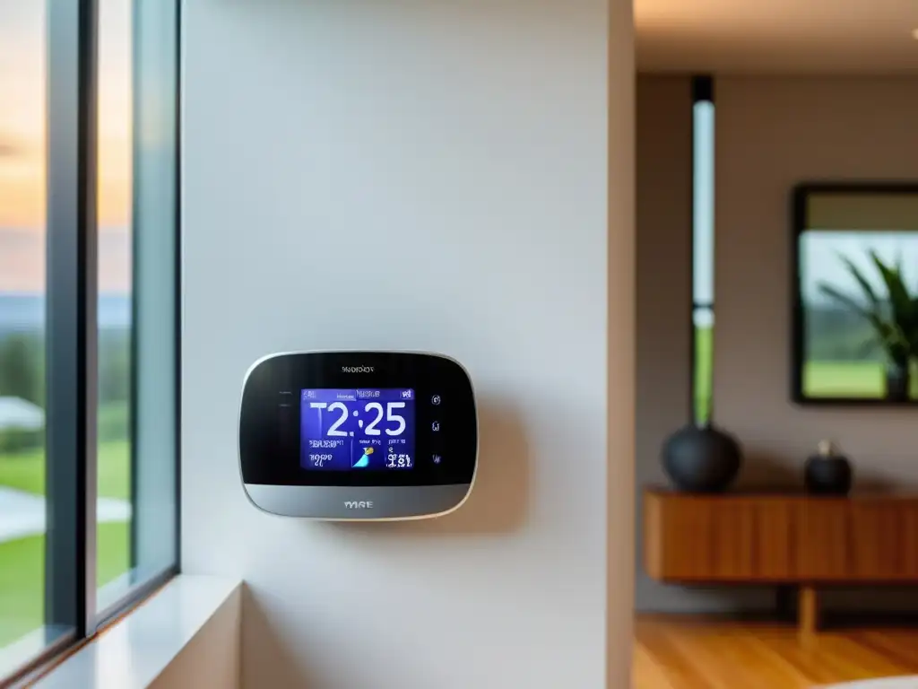 Termostato inteligente con control por voz, en elegante ambiente contemporáneo con aire acondicionado