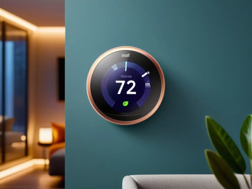 Termostato inteligente de diseño moderno en un elegante salón contemporáneo, con pantalla táctil vibrante y luces LED futuristas