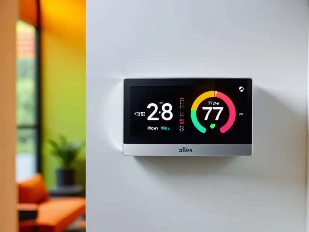 Termostato inteligente con pantalla táctil, rodeado de dispositivos compatibles con Alexa para hogar inteligente, en una pared blanca limpia