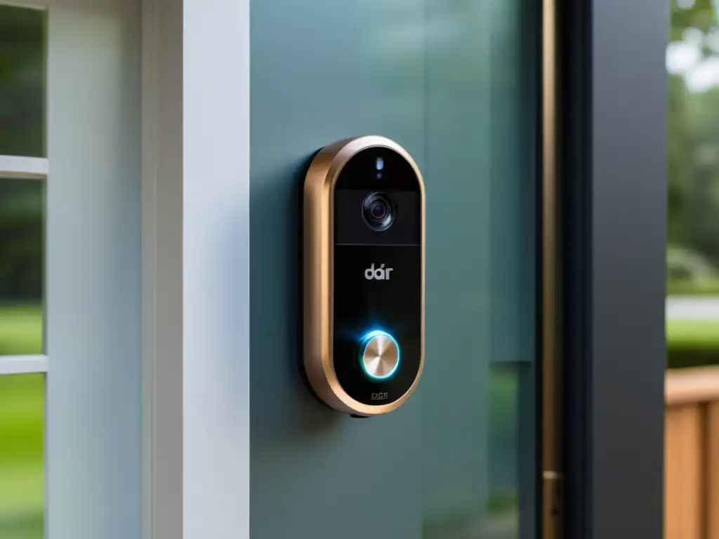 Un timbre inteligente moderno con cámara y sensor de movimiento integrados, montado en una elegante puerta frontal