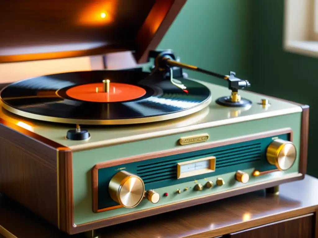 Un tocadiscos vintage restaurado con detalles de madera y latón, iluminado con calidez retro