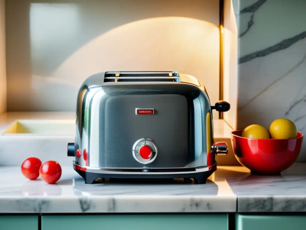 Un tostador cromado de los años 50 brilla en una cocina retro, con electrodomésticos vintage