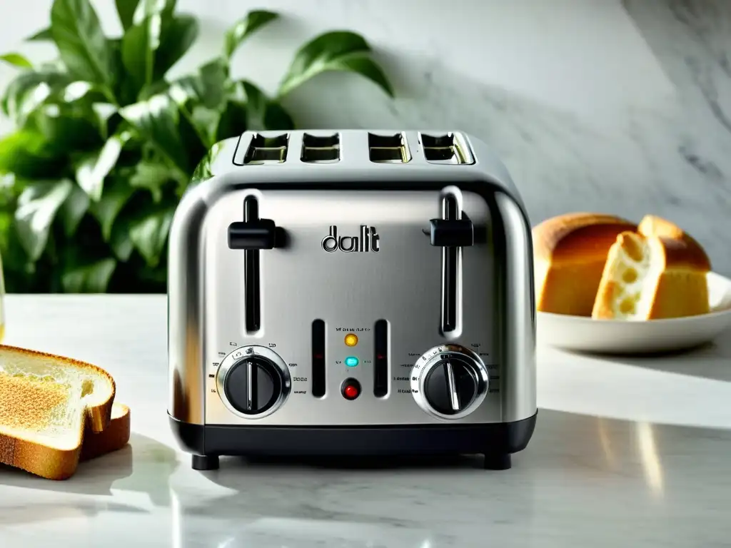 El tostador Dualit Classic brilla con elegancia, dorando el pan a la perfección en una cocina moderna y minimalista