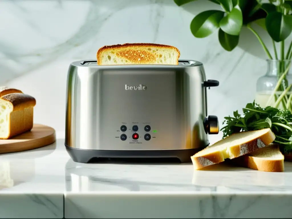 El tostador Breville Smart Toast en una elegante encimera de mármol, con una rebanada de pan perfectamente dorada saliendo