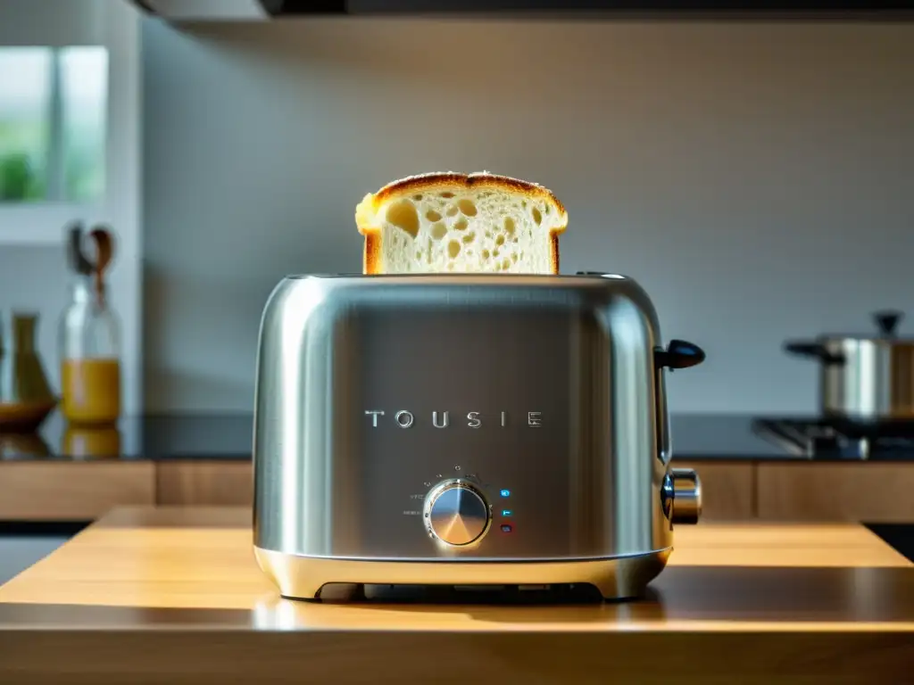 Una tostadora moderna muestra el proceso de tostado de un delicioso pan integral dorado, en una cocina minimalista con iluminación suave