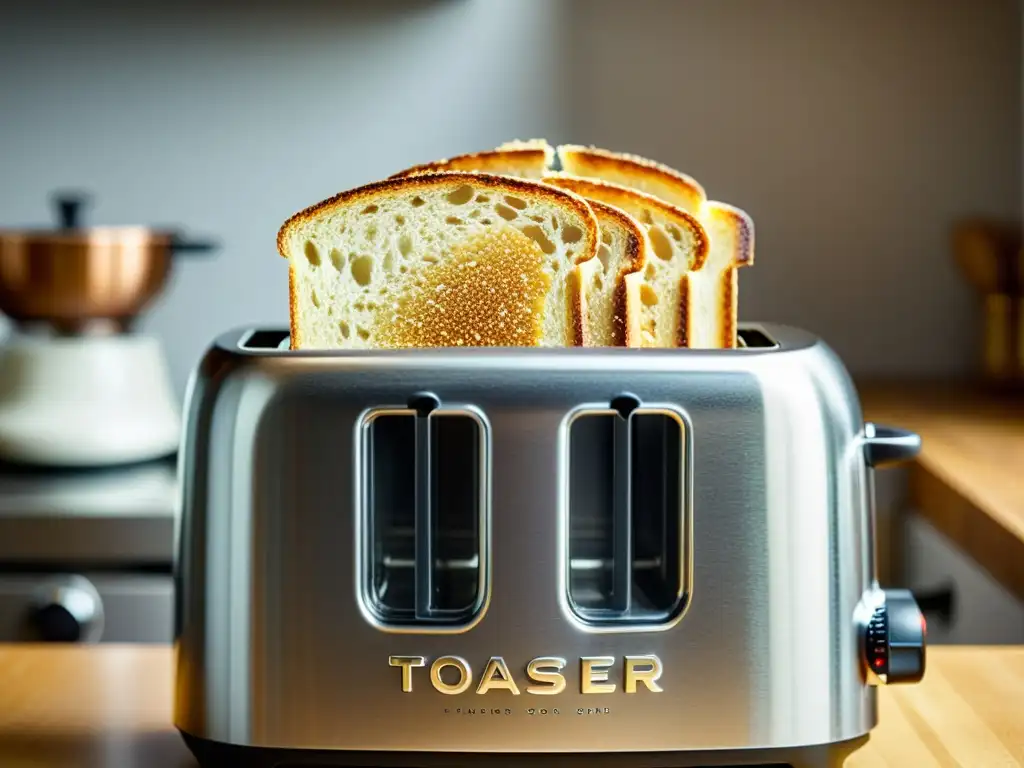 Una tostadora moderna muestra rebanadas de pan integral dorado, en una cocina contemporánea llena de luz natural