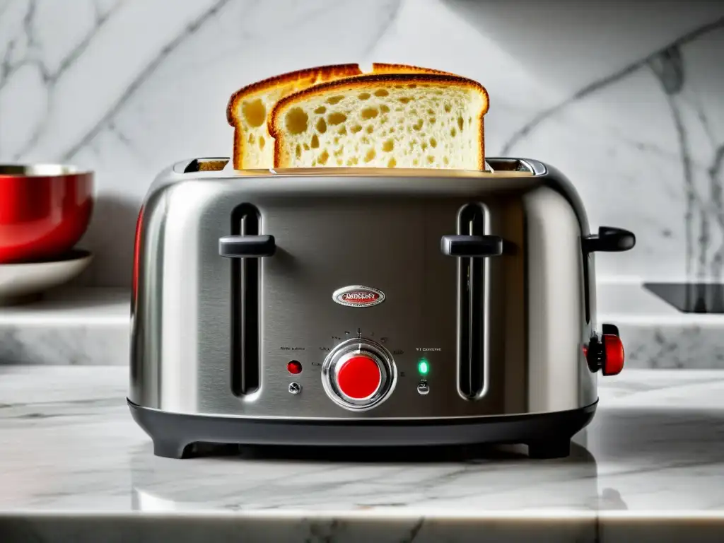 Una tostadora retro de diseño elegante tostando pan de manera perfecta en una cocina minimalista bien iluminada